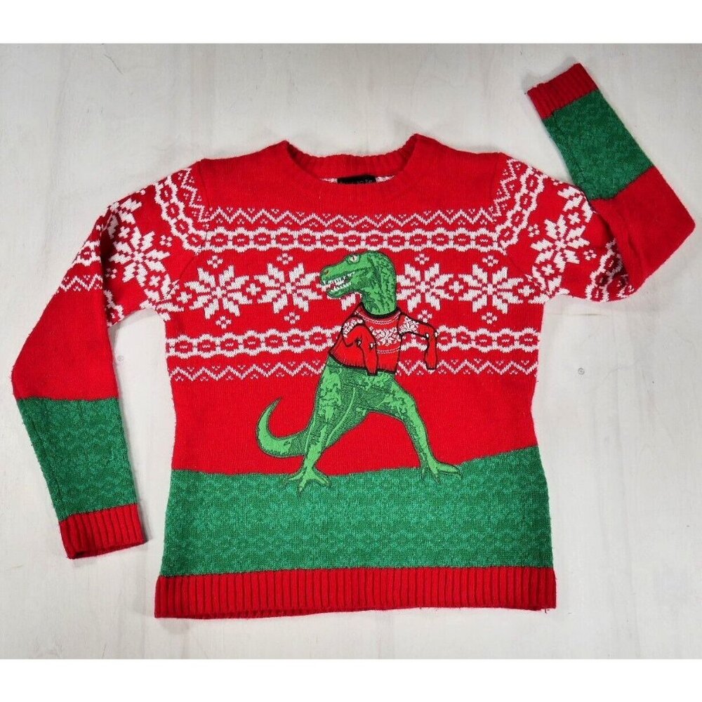 Blizzard Bay  Red Green Ugly Christmas Sweater Snowflakes & Dinosaur Kids Large
